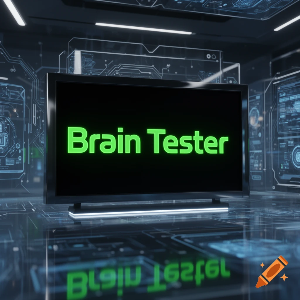 A flat-screen monitor in a high-tech, futuristic room displays glowing green text 'Brain Tester' with circuit patterns.