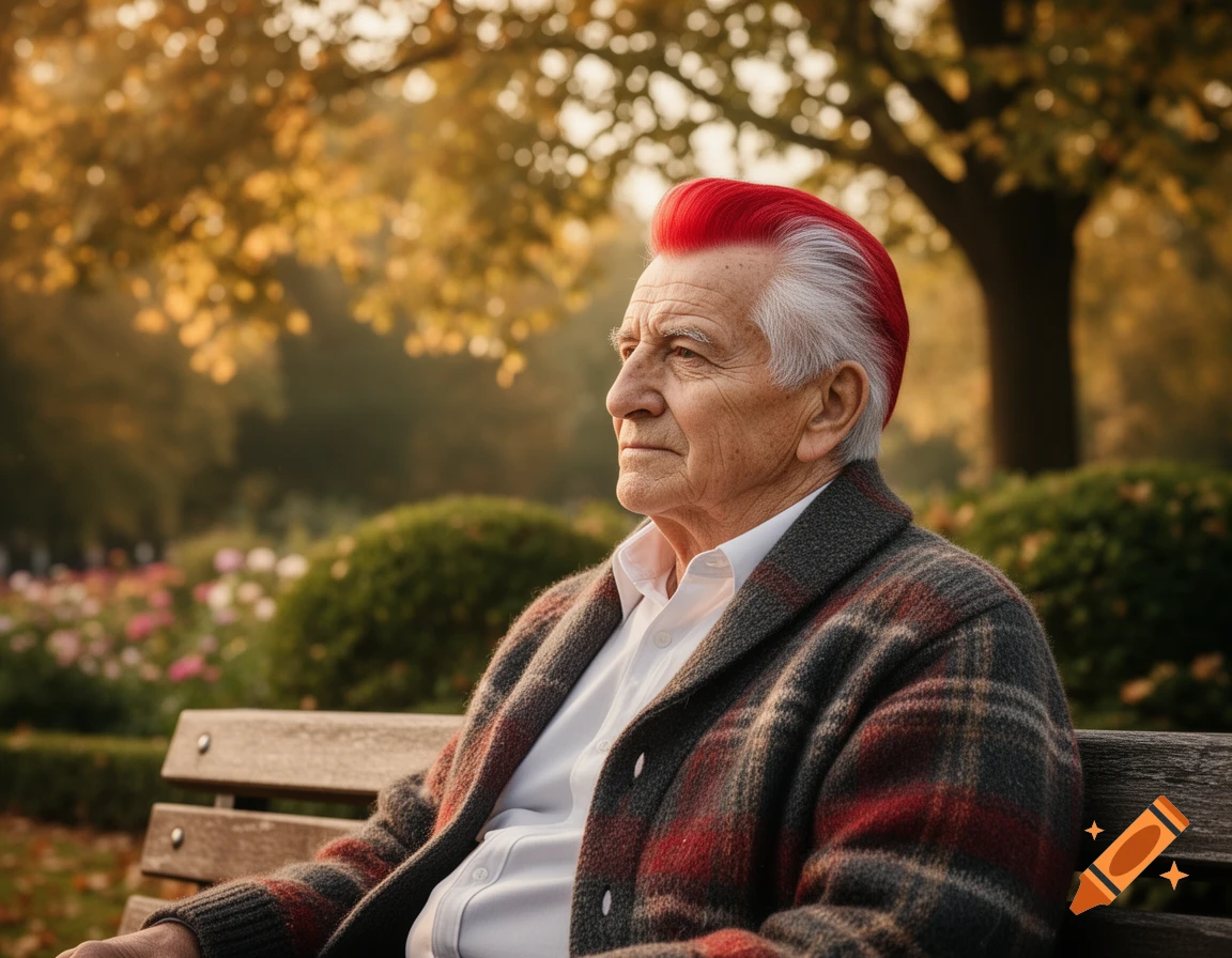An elderly man with red and white hair, wearing a plaid jacket, sits on a park bench amidst autumn foliage, looking left.