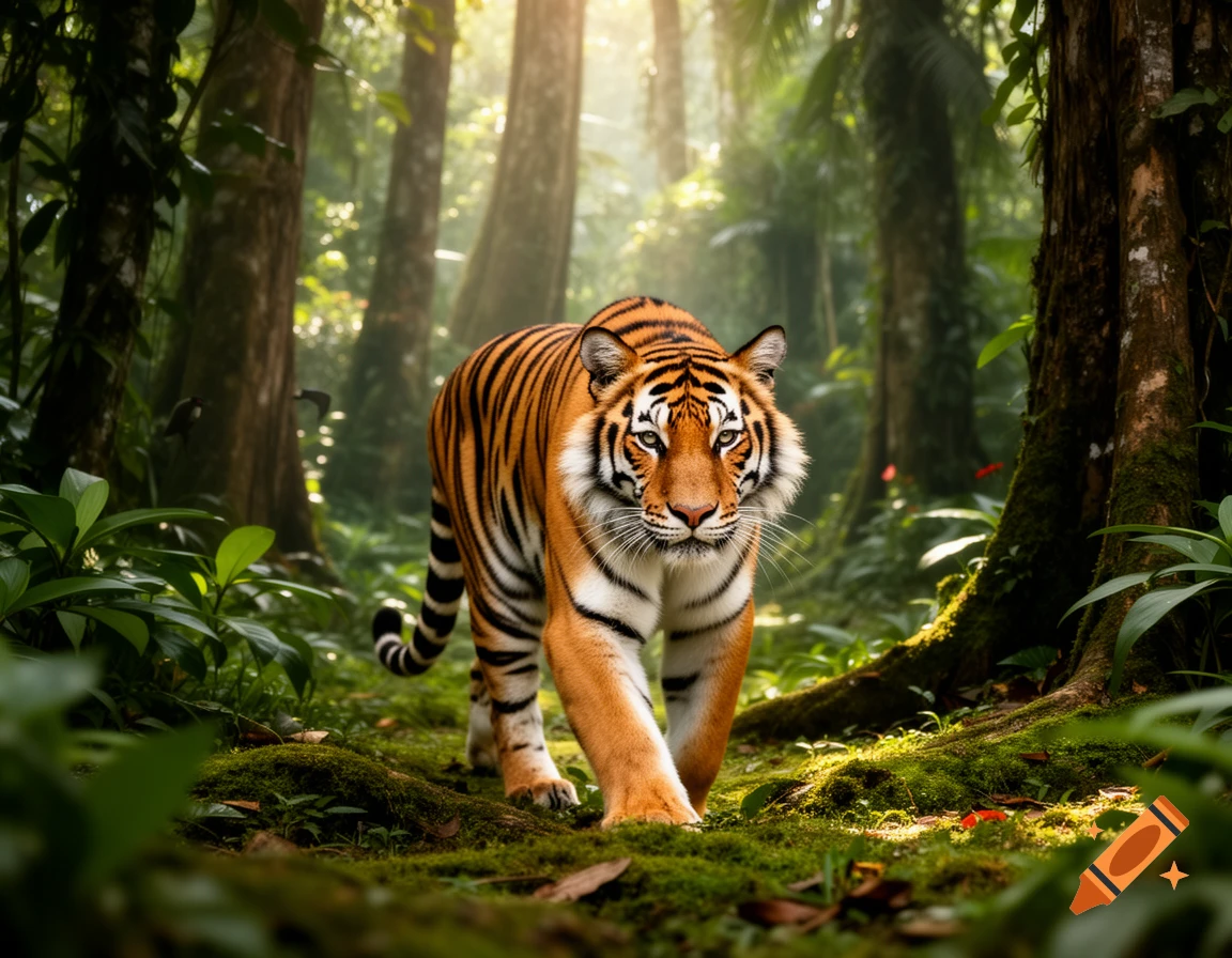 A photorealistic image of a majestic tiger walking through a sunlit, lush green jungle.
