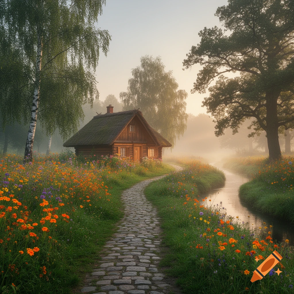 A cozy wooden cottage with a thatched roof, surrounded by vibrant wildflowers and tall trees, next to a cobblestone path and a misty stream at dawn.