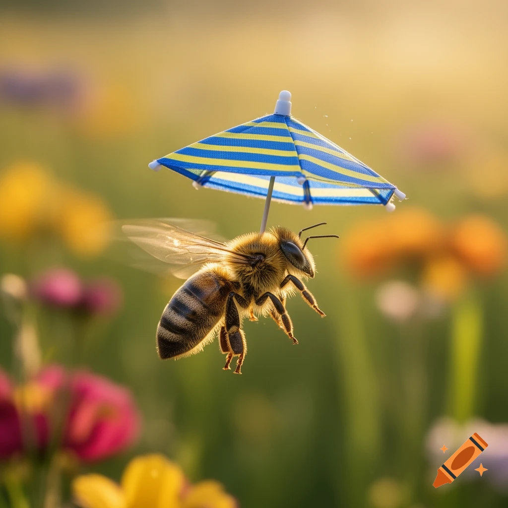 A close-up, photorealistic shot of a bee flying in a sunlit field, carrying a small blue and yellow striped umbrella on its back.