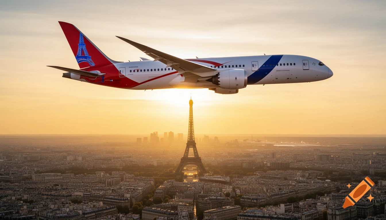 A Boeing 787 Dreamliner with a red tail featuring a blue Eiffel Tower symbol flies over the Eiffel Tower and Paris skyline at sunset.