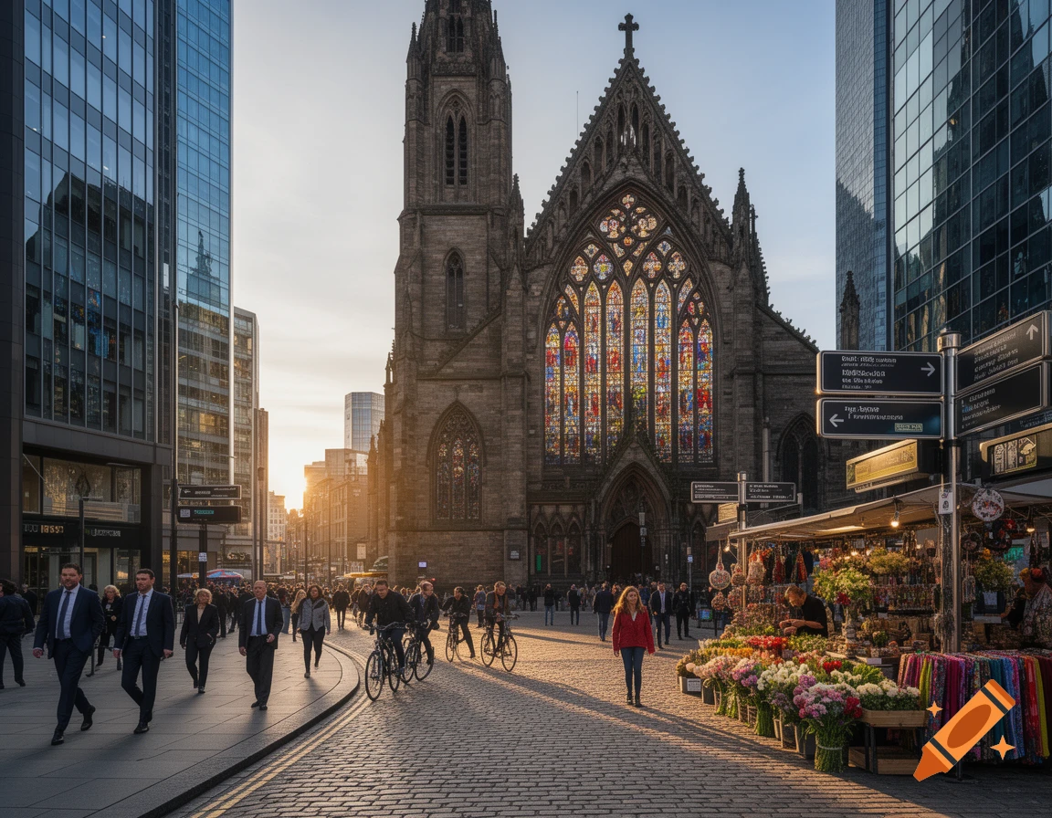 A bustling city street scene with an ornate stone church, modern glass buildings, people walking, and a flower market under a sunset sky.