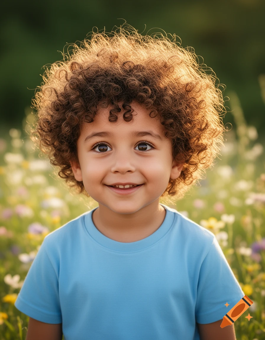 A young boy with curly brown hair smiles brightly in a sunlit field of wildflowers.