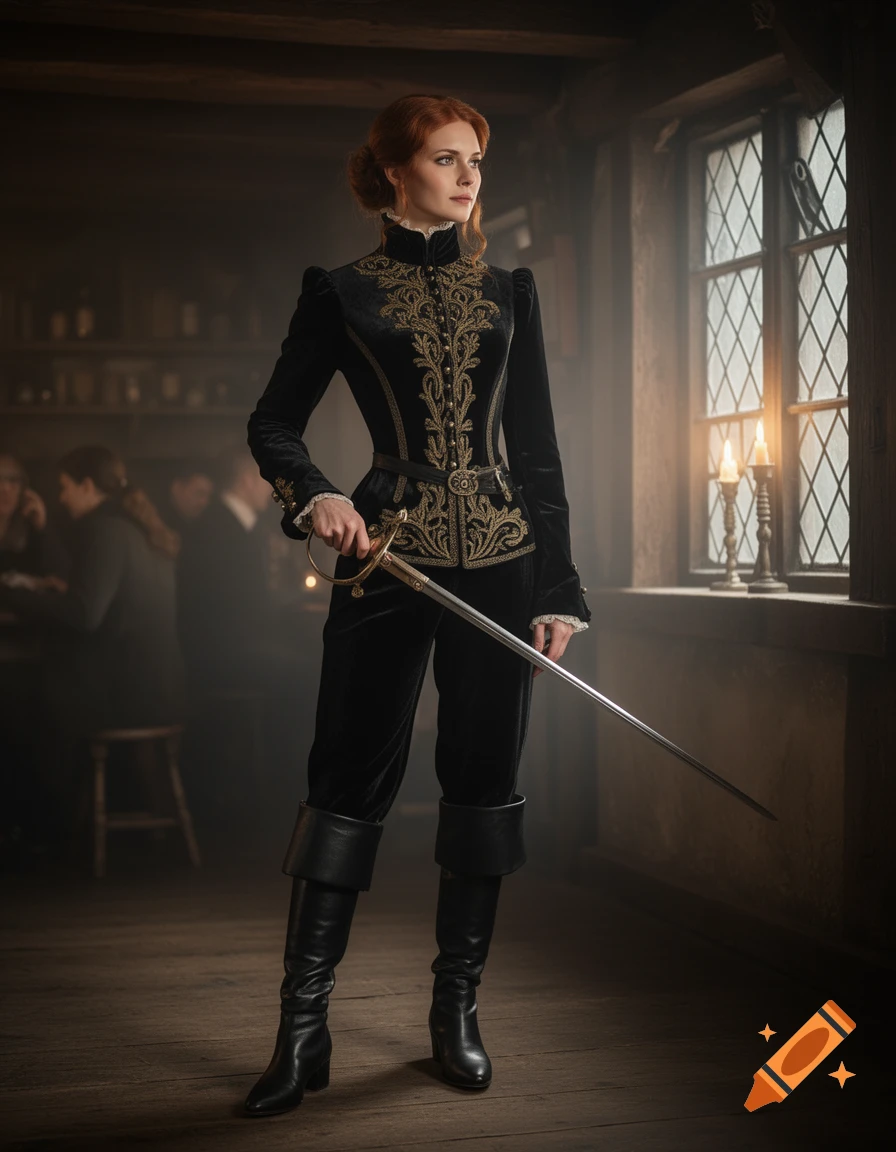 Photorealistic portrait of a noble woman in black and gold historical attire, trousers, and boots, holding a rapier in a dimly lit tavern.