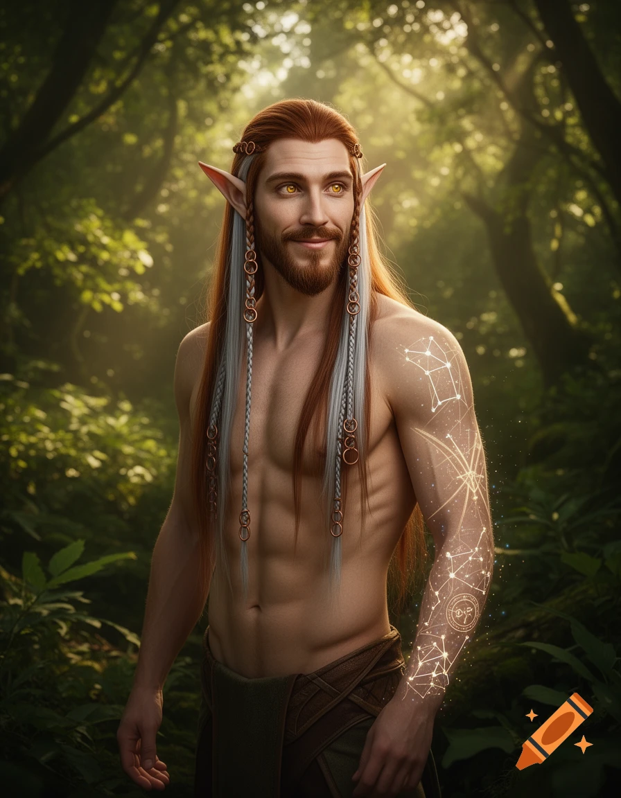 A lean male elf with long auburn hair, amber eyes, a beard, and glowing constellation tattoos on his arm stands in a lush forest.