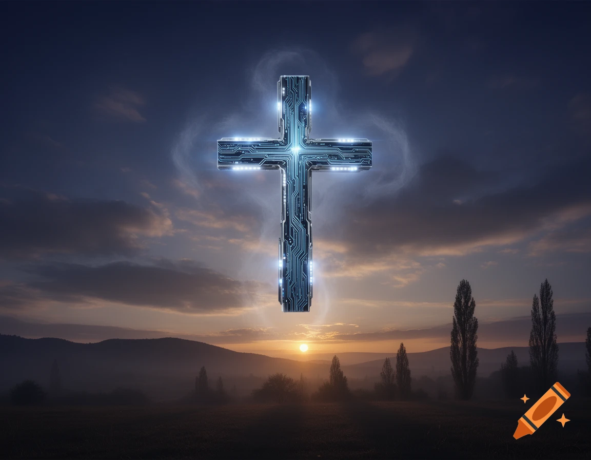 A futuristic electronic cross with glowing blue circuits floats over a misty sunset landscape.