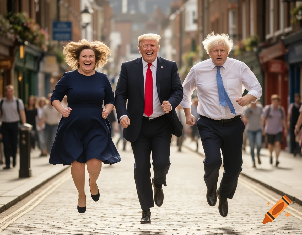 Donald Trump, Boris Johnson, and a woman are jumping and laughing down a cobblestone street lined with buildings.