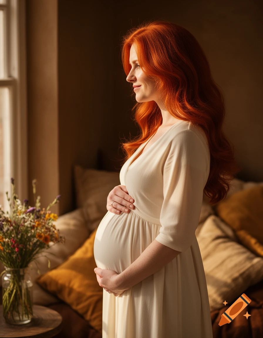Photorealistic portrait of a smiling pregnant redhead woman in a cream dress, standing by a window, holding her belly.