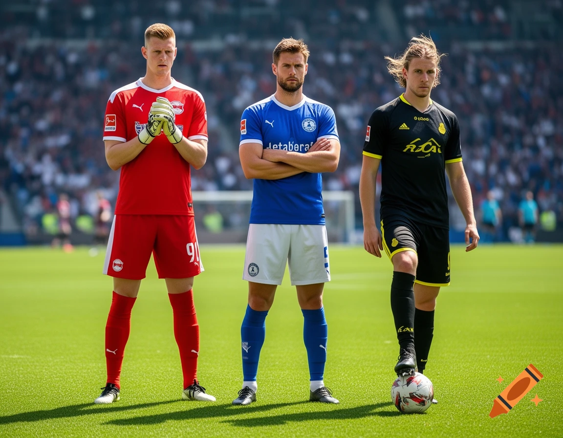 Three male soccer players in red, blue, and black uniforms stand on a green field in a stadium.