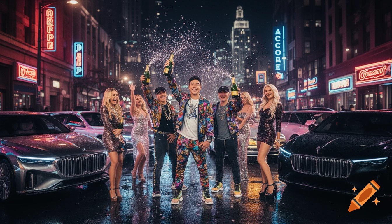 A diverse group of people celebrating on a city street at night, spraying champagne next to luxury cars with neon signs in the background.