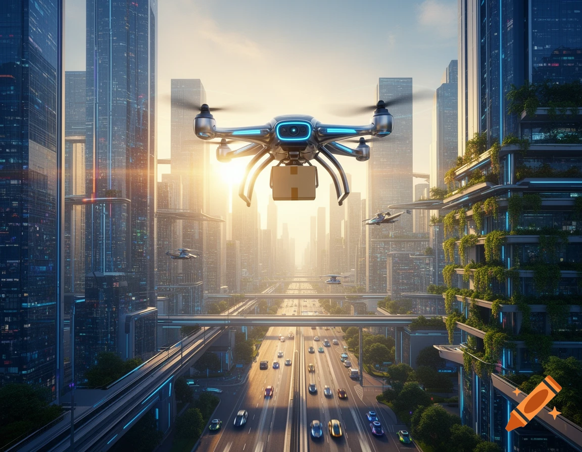 A futuristic cityscape at sunset with a drone carrying a package flying above a multi-layered highway.