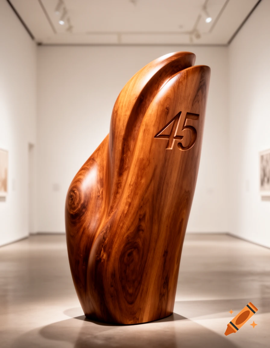 A tall, curved wooden sculpture with the number 45 carved into its side, presented in a brightly lit modern art gallery.