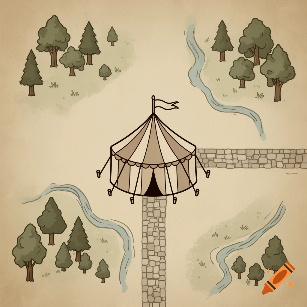 Top-down stylized battle map icon showing a striped tent, trees, rivers, and stone paths on a parchment background.