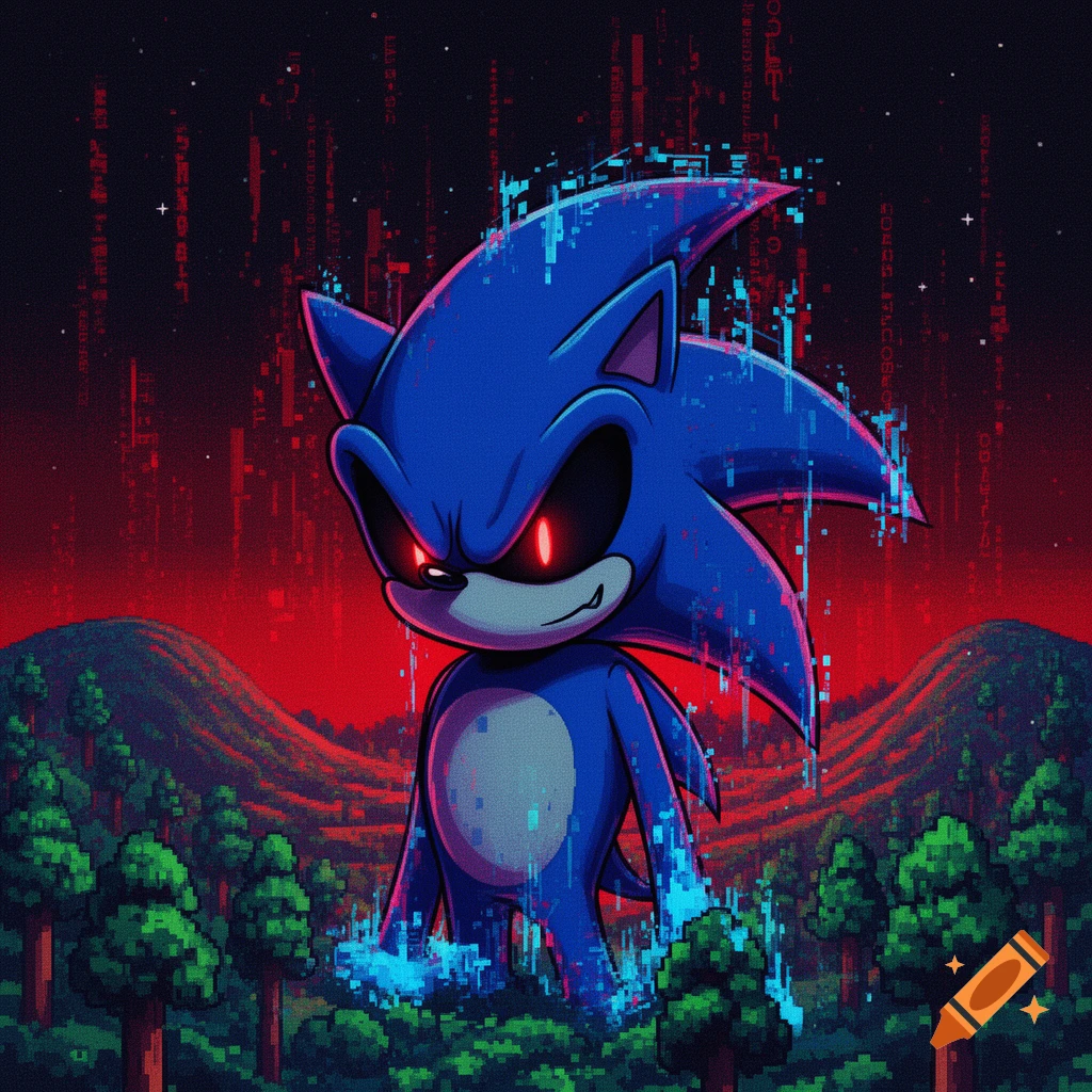 A menacing Sonic.eyx, a blue pixel art hedgehog with red glowing eyes, stands in a glitchy red-skied pixel forest.