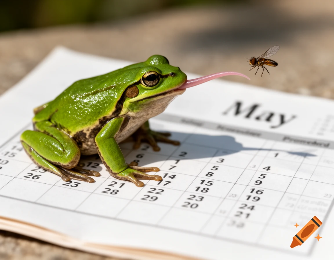 A vibrant green frog with its tongue extended attempts to catch a fly while perched on a calendar page displaying the month of May.