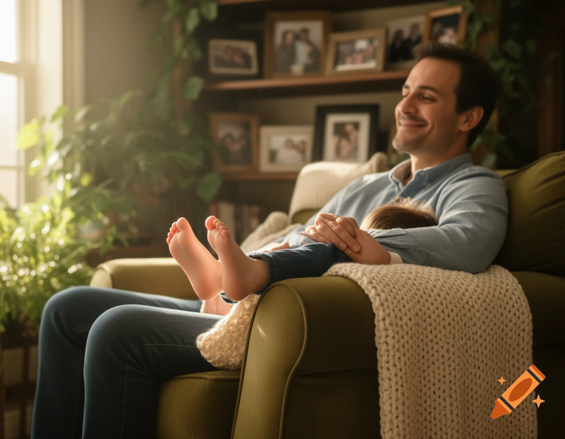 A smiling father relaxes on a sofa with his child, whose bare feet are visible, in a sunlit living room.