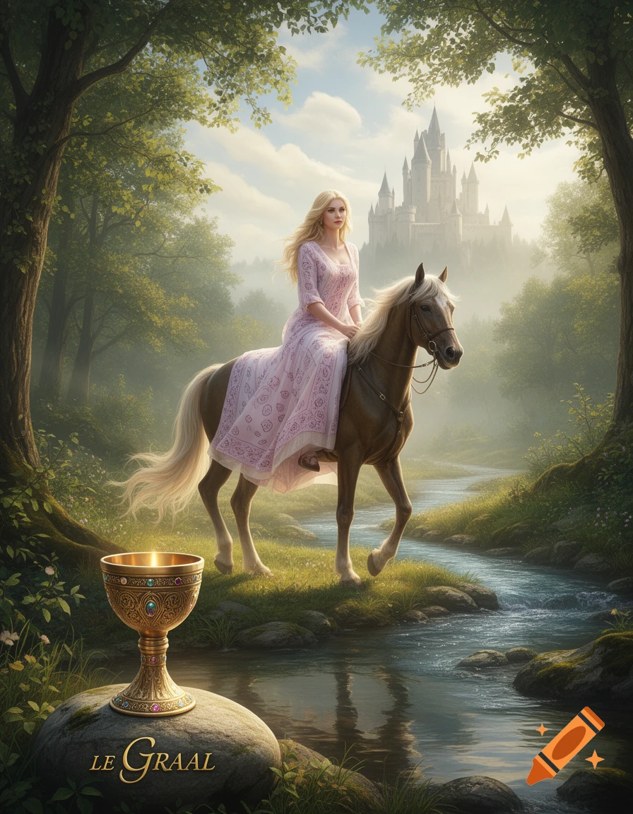 A blonde woman in a pink dress rides a horse through an idyllic forest beside a stream, a golden grail sits on a rock, and a castle rises in the misty distance.
