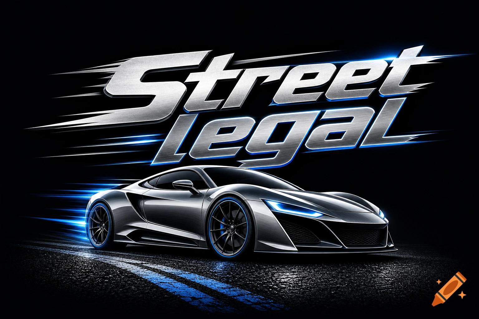 Silver sports car with blue accents on a dark road, with metallic 'Street legal' text above, in a graphic logo style.