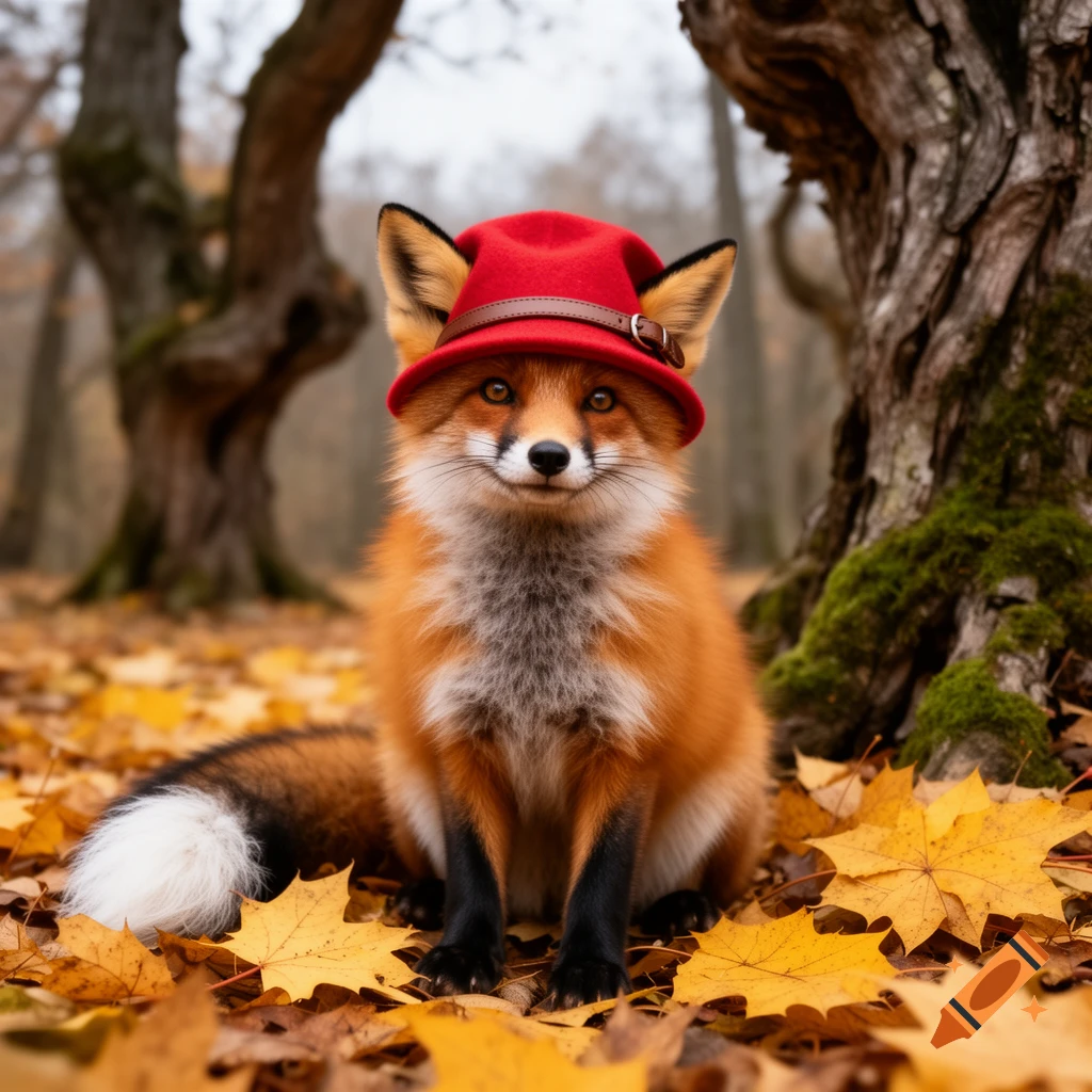 A photorealistic red fox wearing a red hat sits among fallen yellow autumn leaves in a forest.