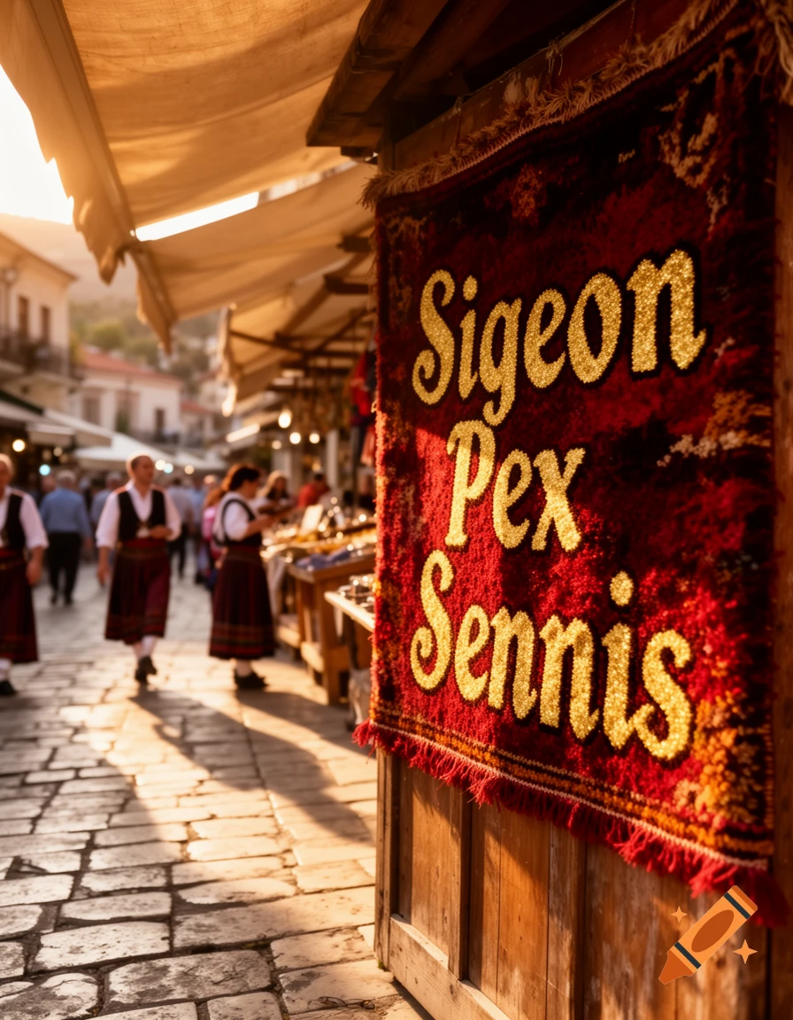Vibrant street market at sunset, a red tapestry with golden text "Sigeon Pex Sennis" in foreground, people in traditional attire on cobblestones.
