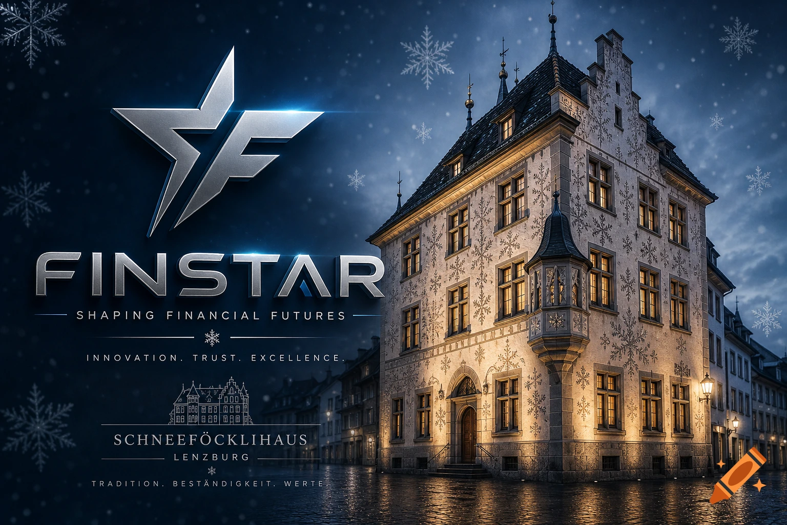 A photorealistic image showing the FINSTAR logo next to the Schneeflöcklihaus building in Lenzburg on a snowy night.