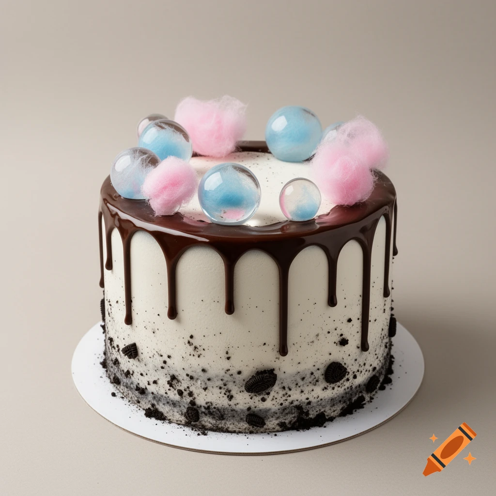 A round white cake with chocolate drips, Oreo crumbs, and clear spheres containing pink and blue cotton candy.