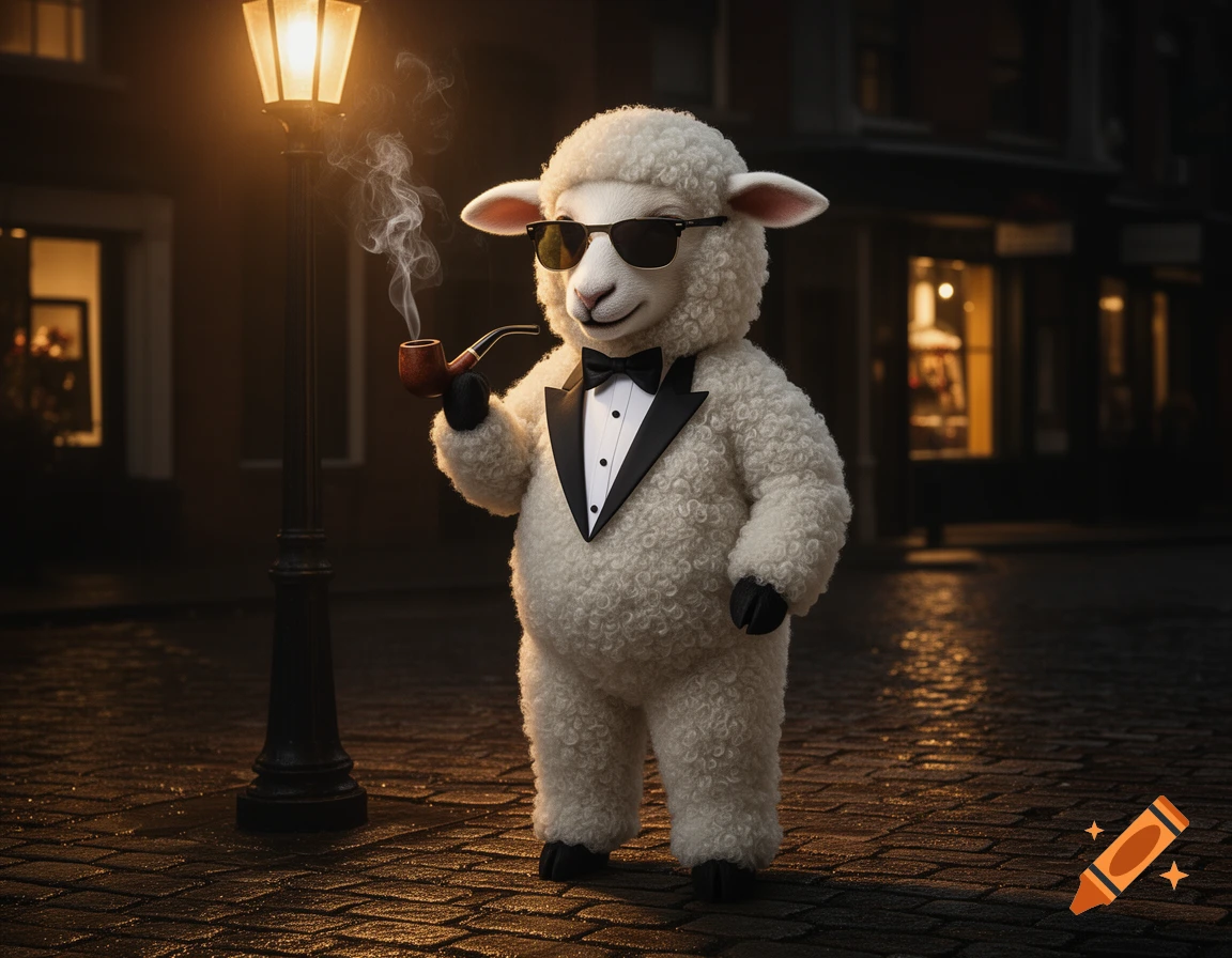 A photorealistic anthropomorphic sheep wearing a tuxedo, sunglasses, and smoking a pipe stands under a glowing street lamp on a wet cobblestone street at night.