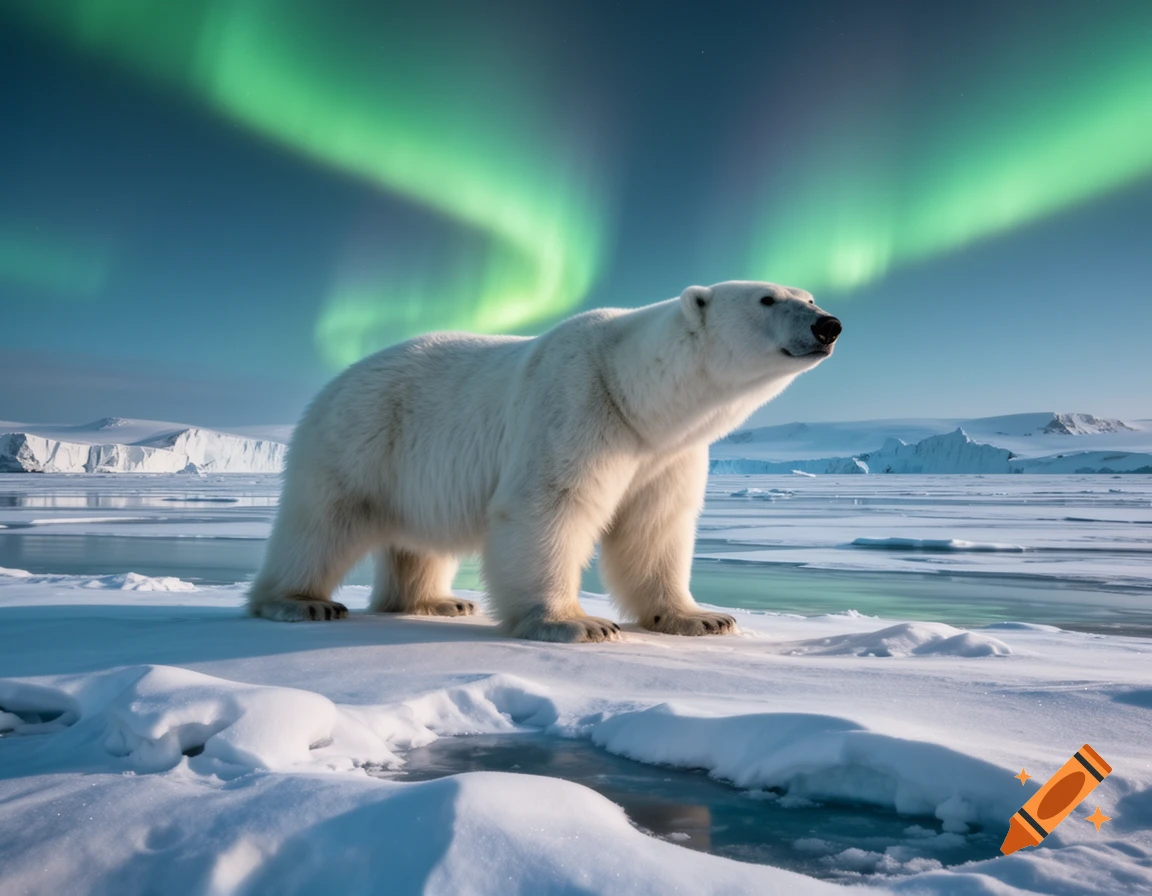 A photorealistic polar bear stands on an icy plain under a vibrant green aurora borealis.