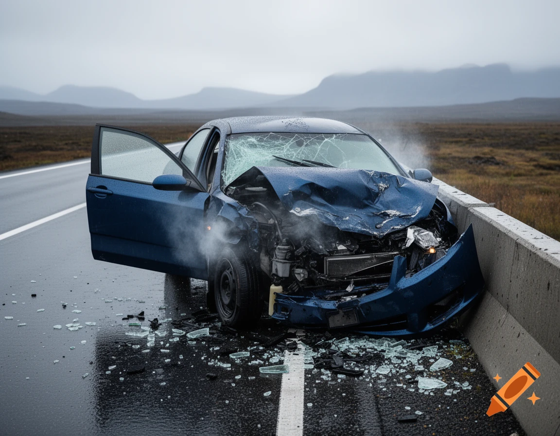 A blue car with a crumpled front end and shattered windshield after crashing into a concrete barrier on a wet road, under a cloudy sky.