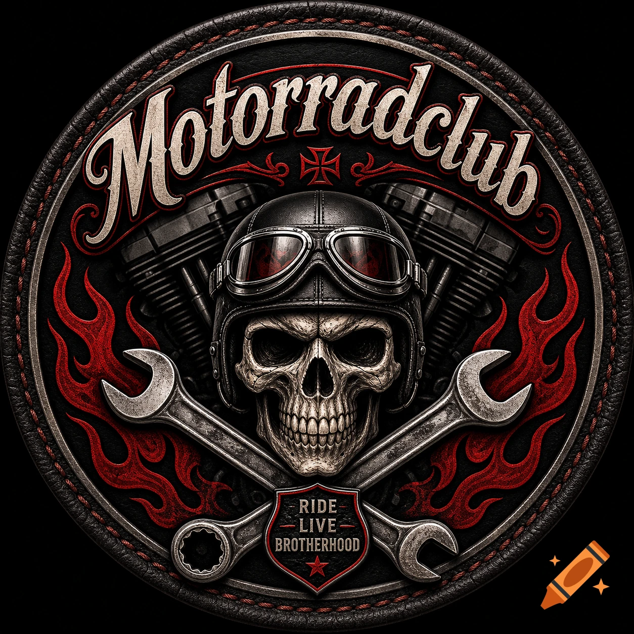 Circular biker club logo with a skull in a motorcycle helmet, crossed wrenches, engine parts, red flames, and text.