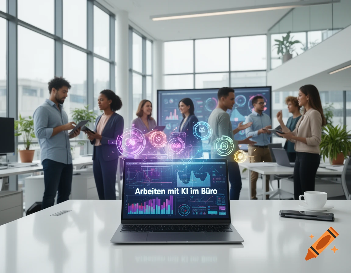 A photorealistic image of a laptop displaying 'Arbeiten mit KI im Büro' and data, on a desk in a modern office with people.