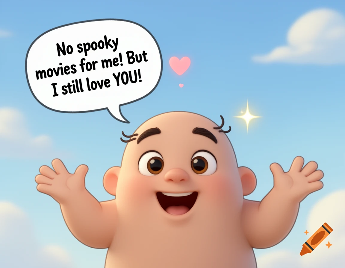 A cute, round cartoon baby with raised hands and a speech bubble: 'No spooky movies for me! But I still love YOU!' against a blue sky.