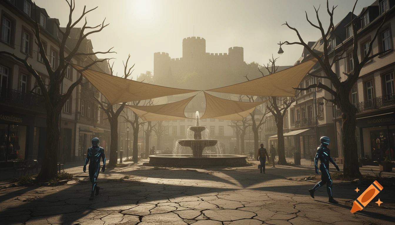 Hazy, sunlit city square with a fountain, dried trees, cracked pavement, and people in futuristic glowing suits. A castle is in the background.
