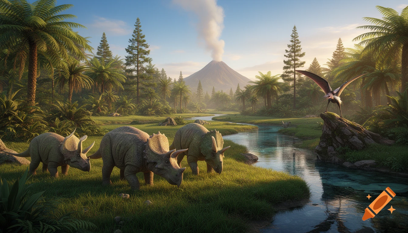 Three horned dinosaurs graze by a river in a lush prehistoric jungle with a smoking volcano and a pterosaur.