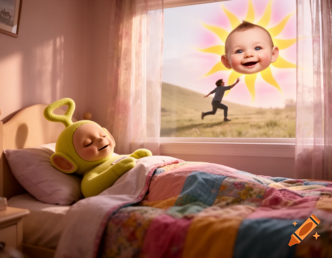 A sleeping green Teletubby in bed, with a window showing a baby-faced sun and a person running in a field, photorealistic.
