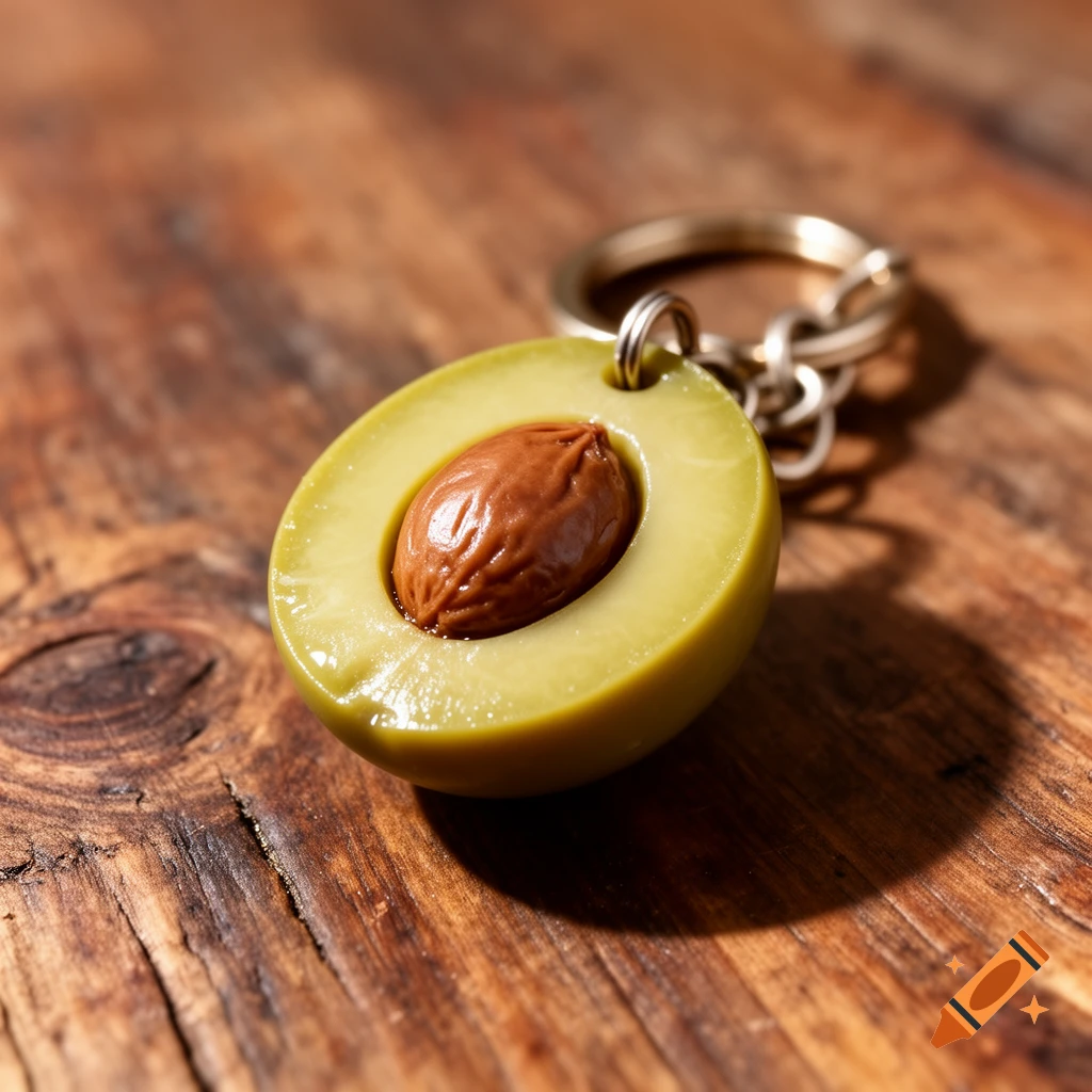A close-up, photorealistic image of a keychain shaped like a sliced olive with a pit, resting on a wooden surface.