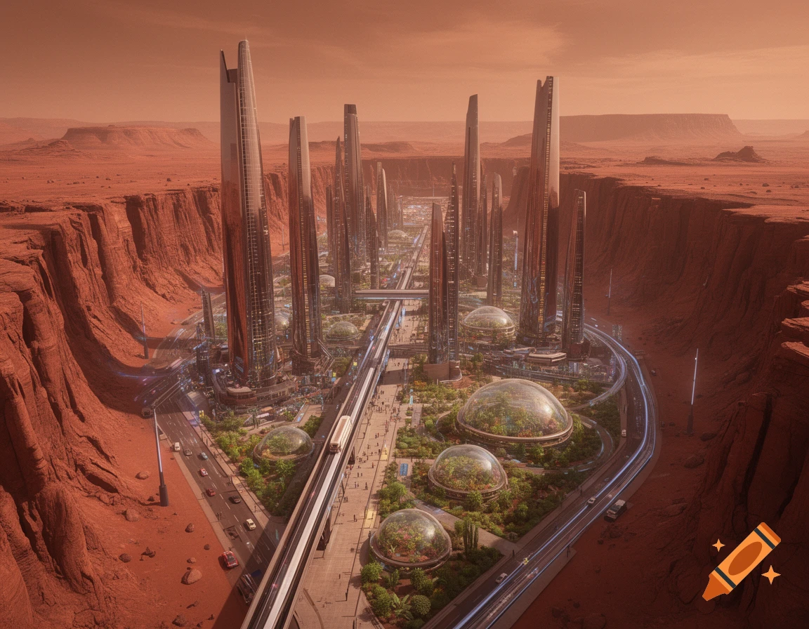 A sprawling futuristic city with tall skyscrapers and biodomes nestled in a red canyon on Mars, with a monorail running through it.