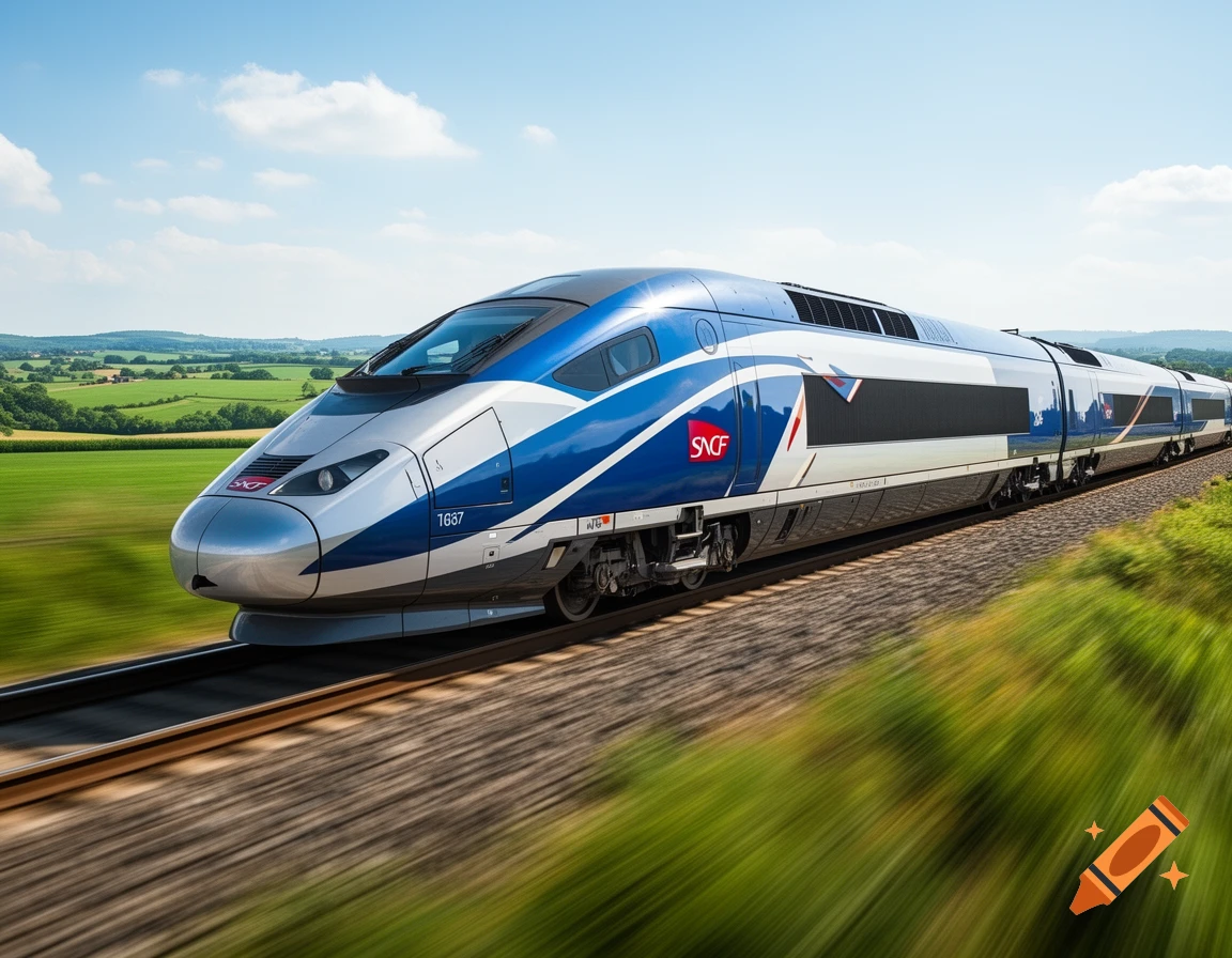 Blue and silver high-speed train speeding through a green, sunny countryside under a blue sky.