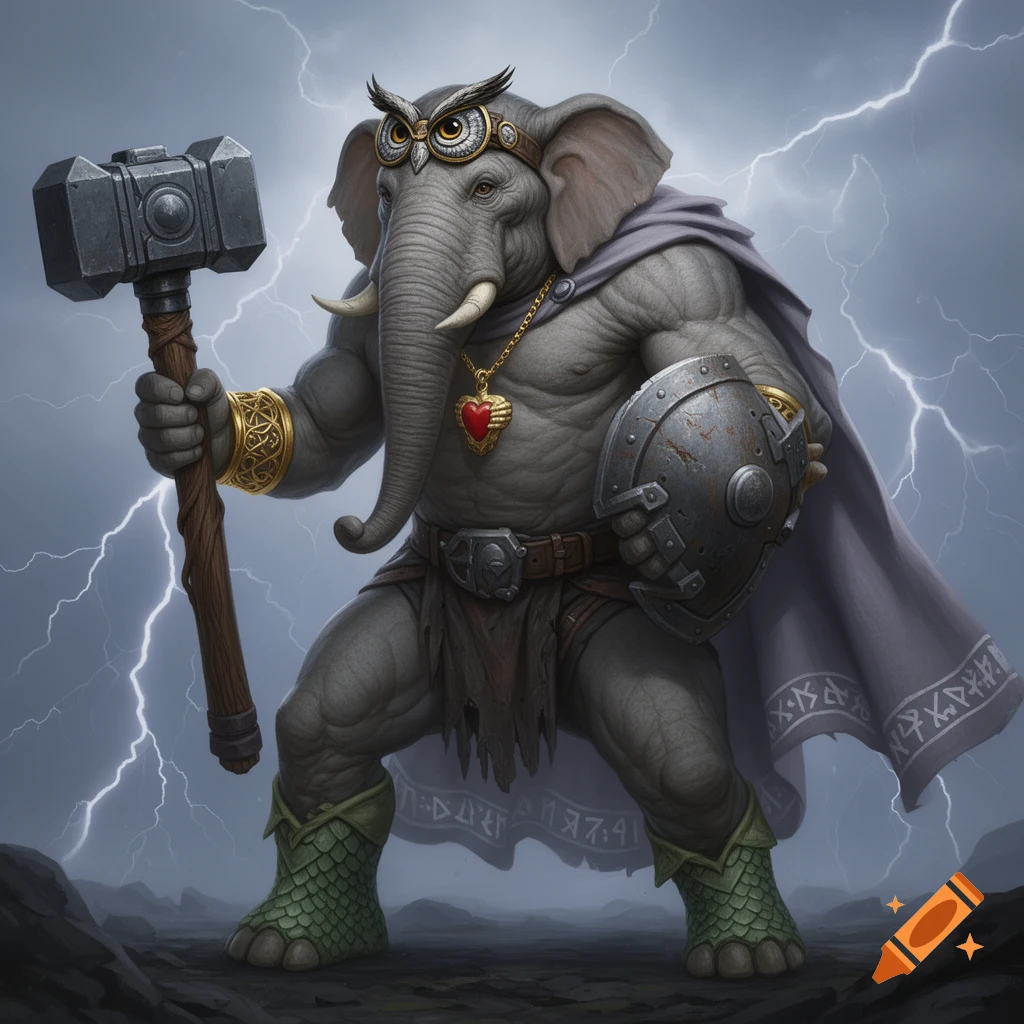 A muscular Loxodon warrior in a fighting pose, wearing an owl-faced goggle, golden bracers, and green scaled boots, holding a giant warhammer and a shield, with lightning in the background.
