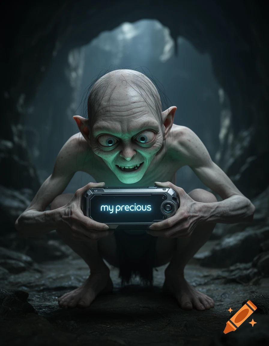 Photorealistic Gollum crouching in a dark cave, clutching a glowing device with "my precious" on its screen.