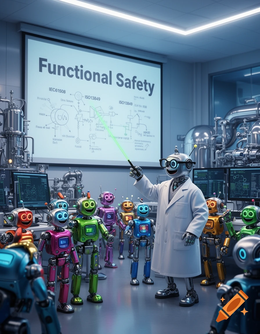 A robot teacher in a lab coat points a laser at a screen displaying "Functional Safety" to a classroom of colorful robots.