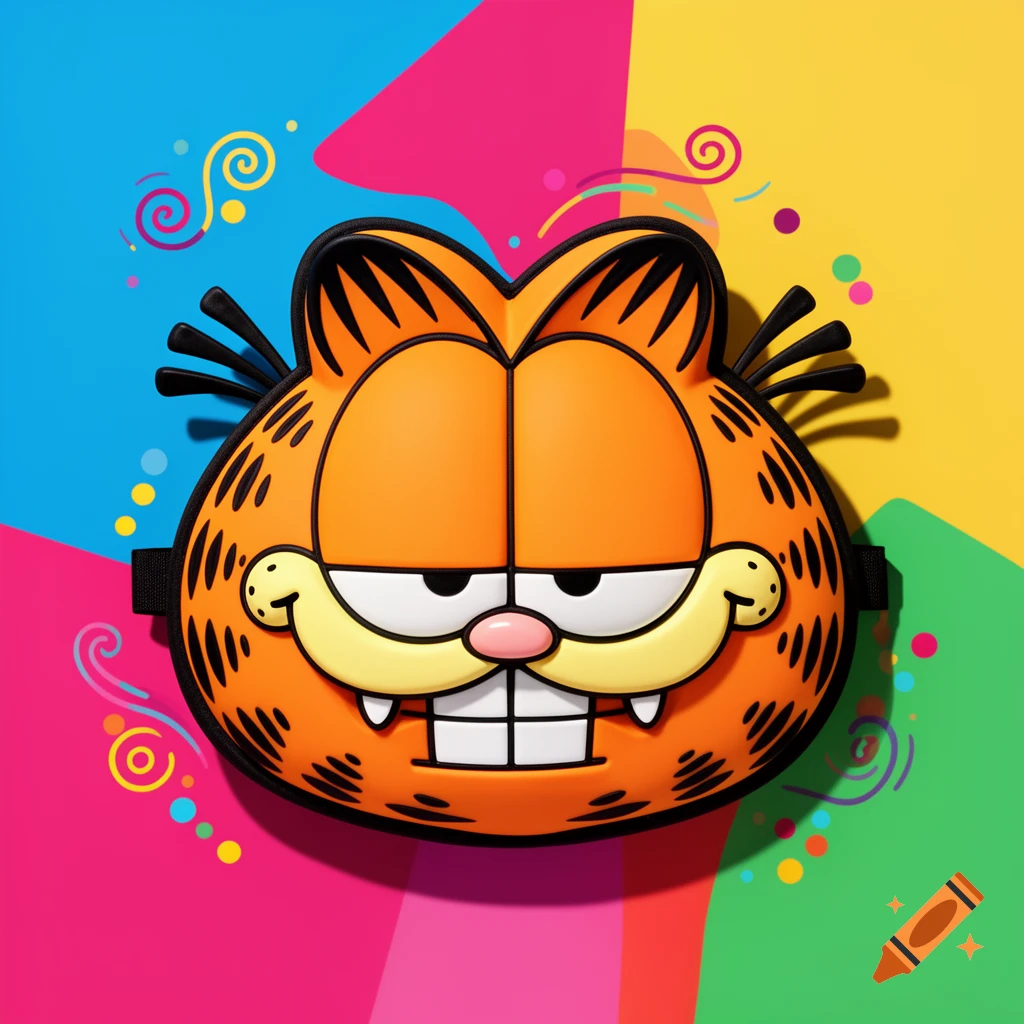 A stylized cartoon Garfield mask with bold outlines and a large grin, on a vibrant multi-colored geometric background with swirls and dots.