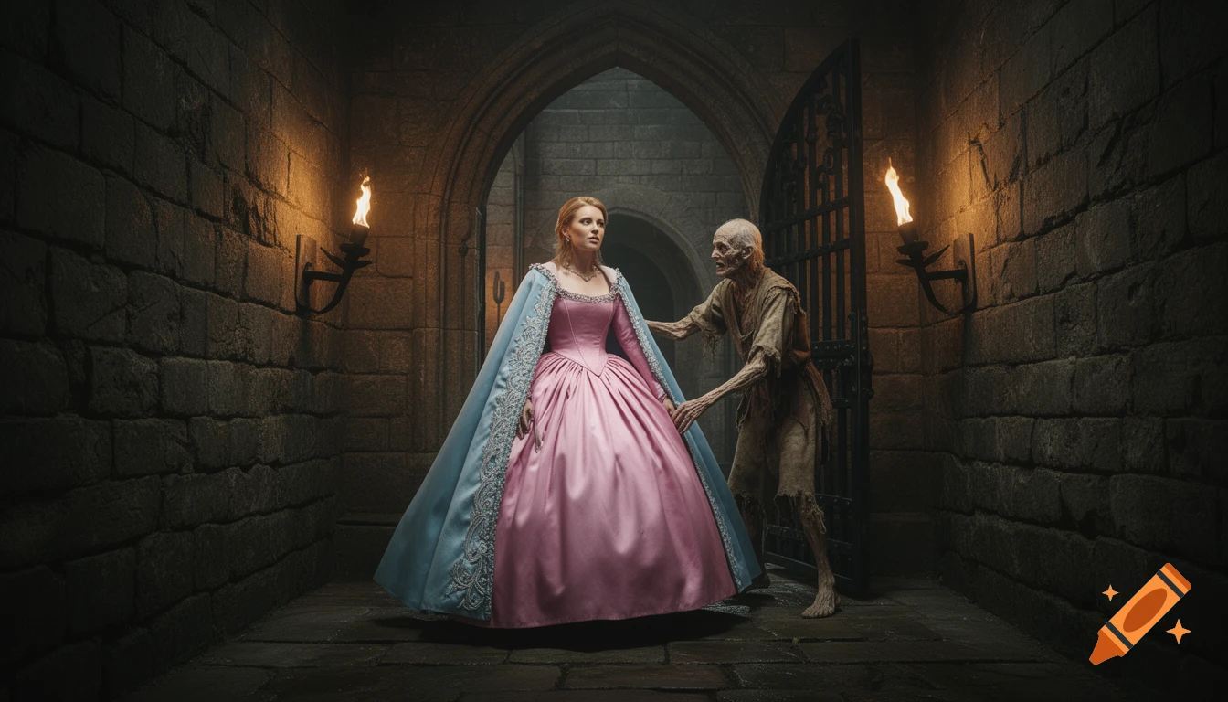 A princess in a pink dress and blue cape stands in a dark stone dungeon as a skeletal figure reaches toward her near a gate, illuminated by torches.