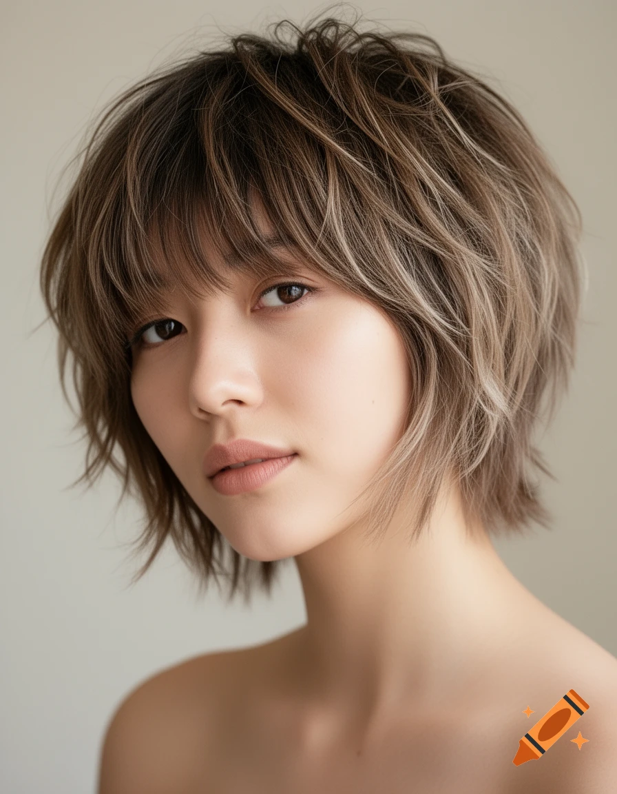 Photorealistic portrait of a young woman with a short, messy wolfcut hairstyle and bare shoulders.