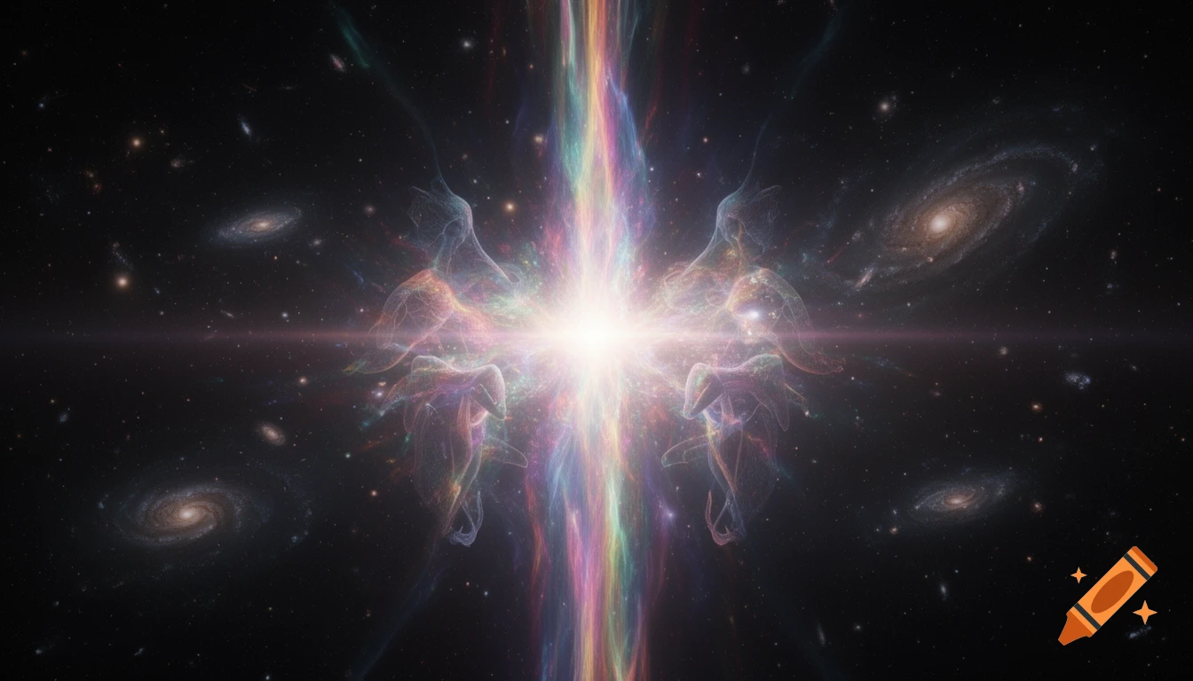 Ethereal, colorful humanoid forms flank a bright, rainbow cosmic beam in deep space with galaxies and stars.