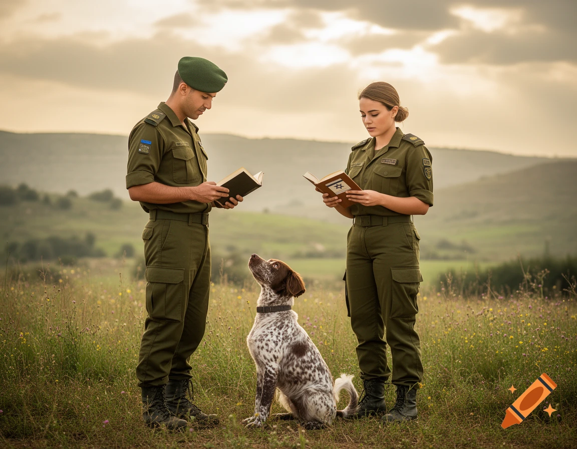A male and female soldier in green uniforms read books while a spotted dog sits between them in a grassy field under a cloudy sky.