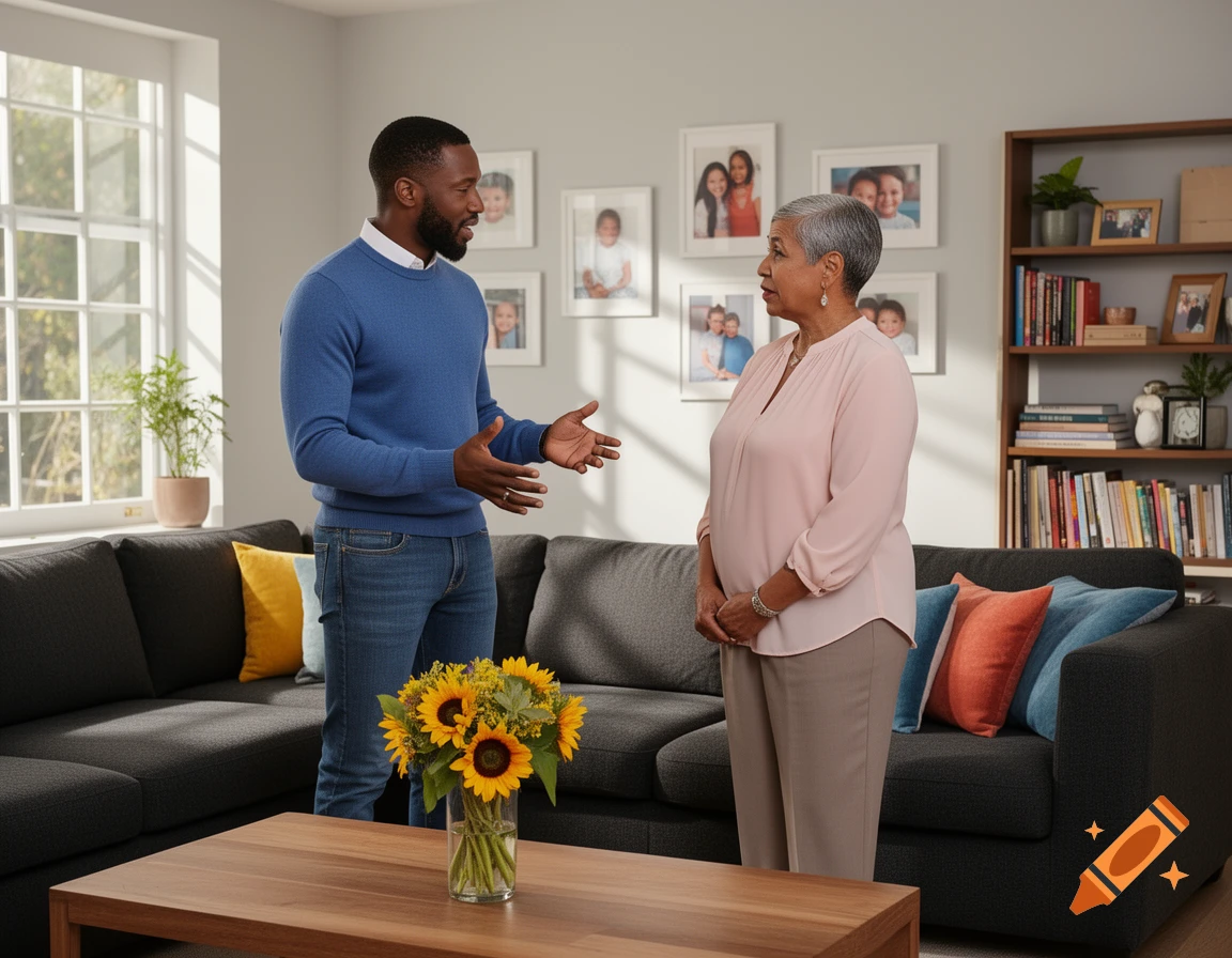 A Black man in a blue sweater gestures while talking to an older woman in a peach top in a modern living room with a couch and bookshelf.