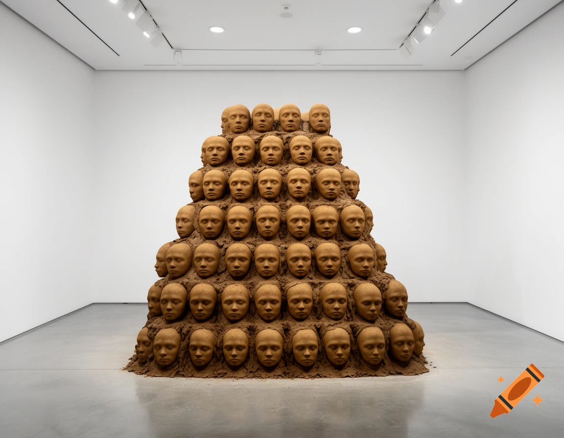 A large sculpture of stacked bald human heads made of mud or clay, forming a pyramid-like mound in a white gallery.