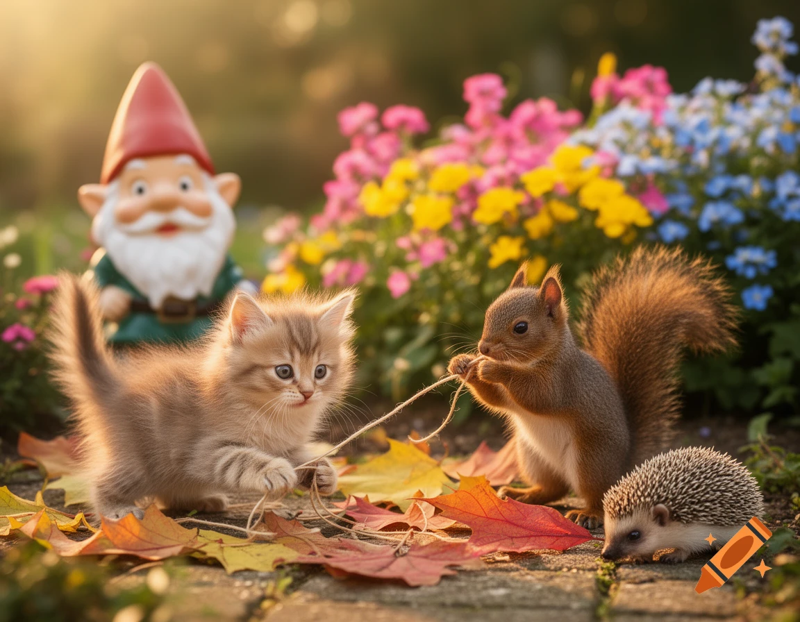 A fluffy kitten and a squirrel play with a string, a hedgehog nearby, and a garden gnome among colorful flowers and autumn leaves in a sunlit garden.